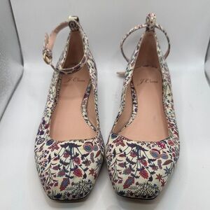 J. Crew Cream Floral Ankle-Strap Flats with Pink and Blue Details